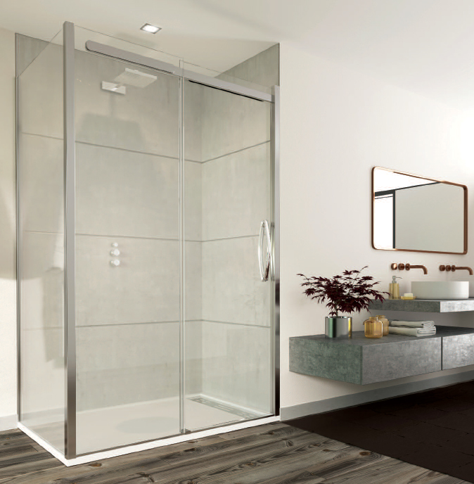 Flair Oro Slider Door with Frameless Side Panel available from BATHLINE bathrooms